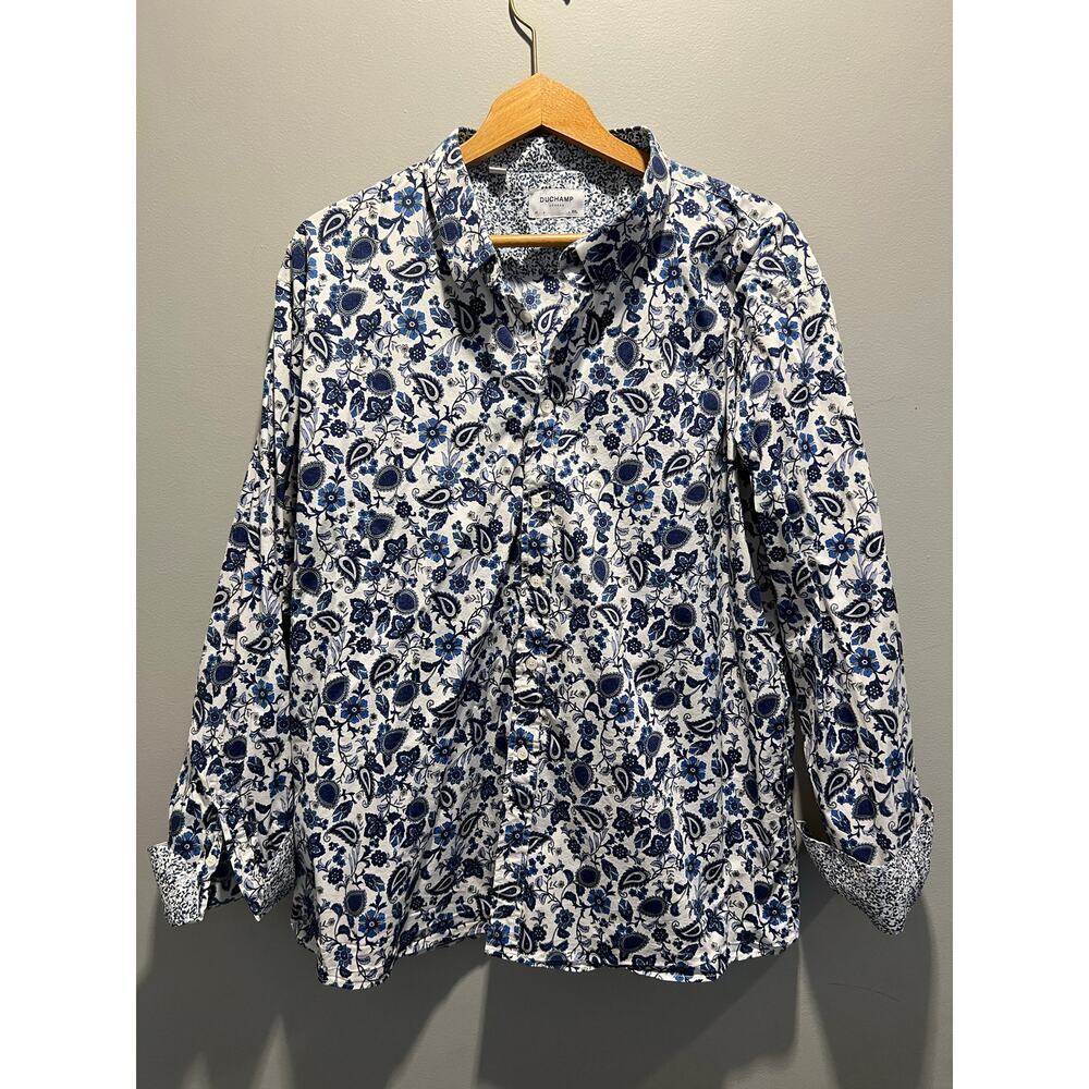 Duchamp London Shirt Mens XXL Button Up Down Flip Cuff Blue White Paisley